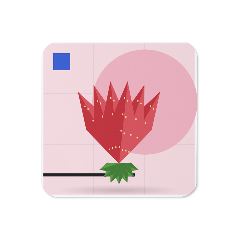 Cork-back coaster printed with the Strawberry Fan garnish