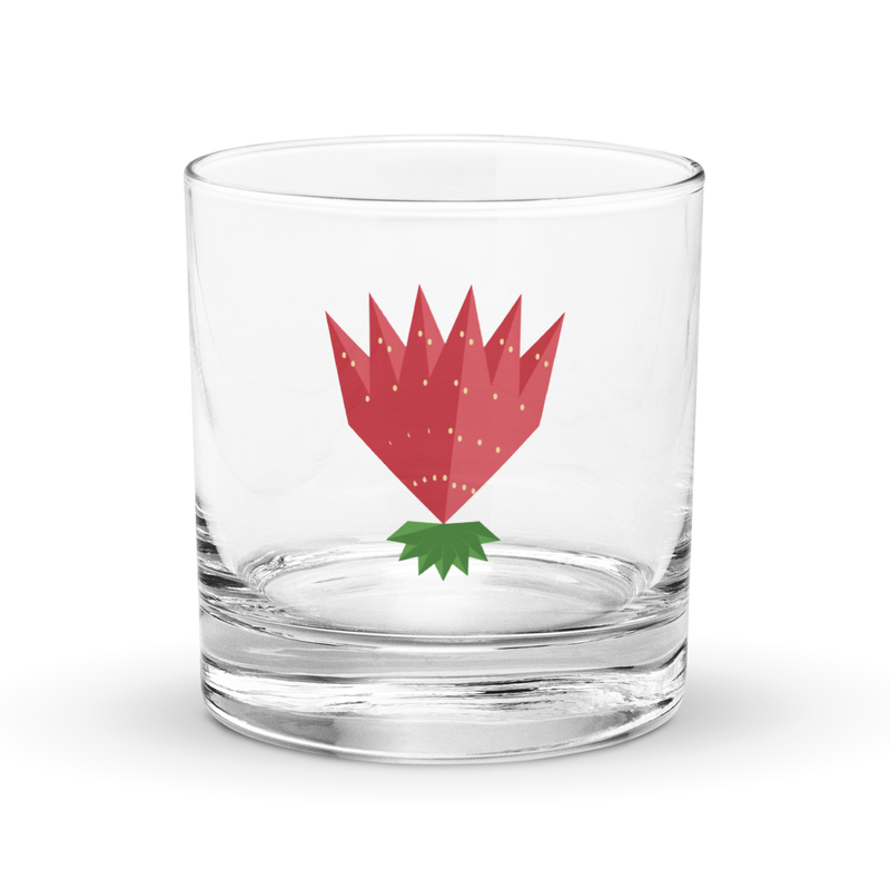 Rocks glass printed with the Strawberry Fan garnish
