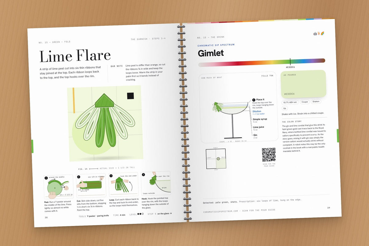 The book open to the Lime Flare steps and the Gimlet drink page