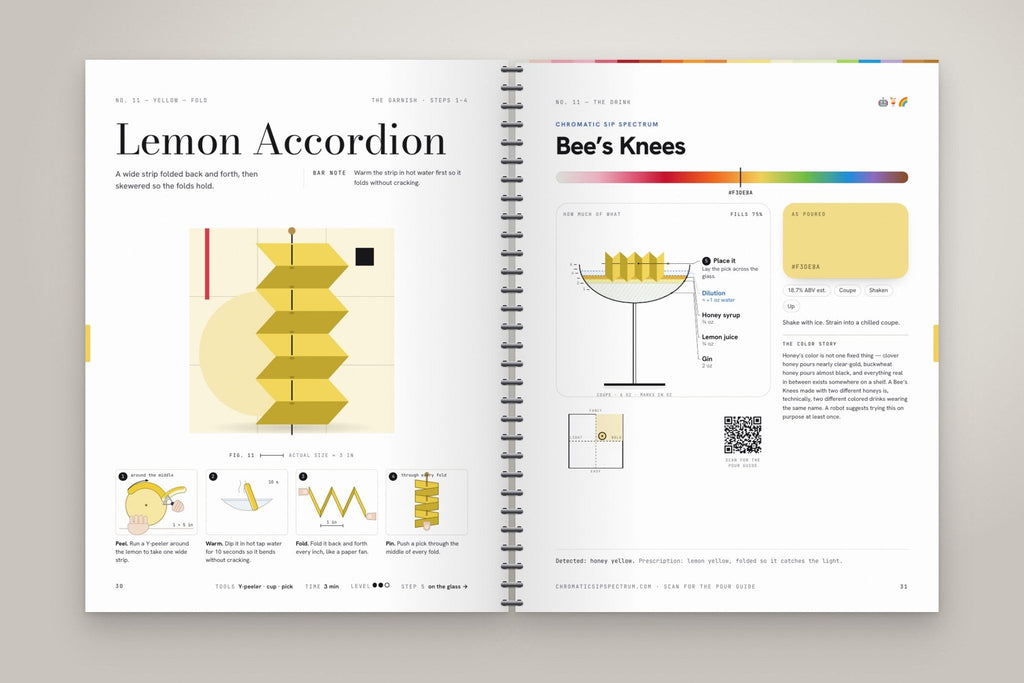 The book open flat on its coil to the Lemon Accordion steps and the Bee's Knees drink page