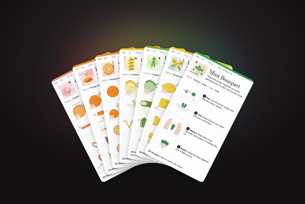Folded Things garnish cards fanned out, each with four drawn steps