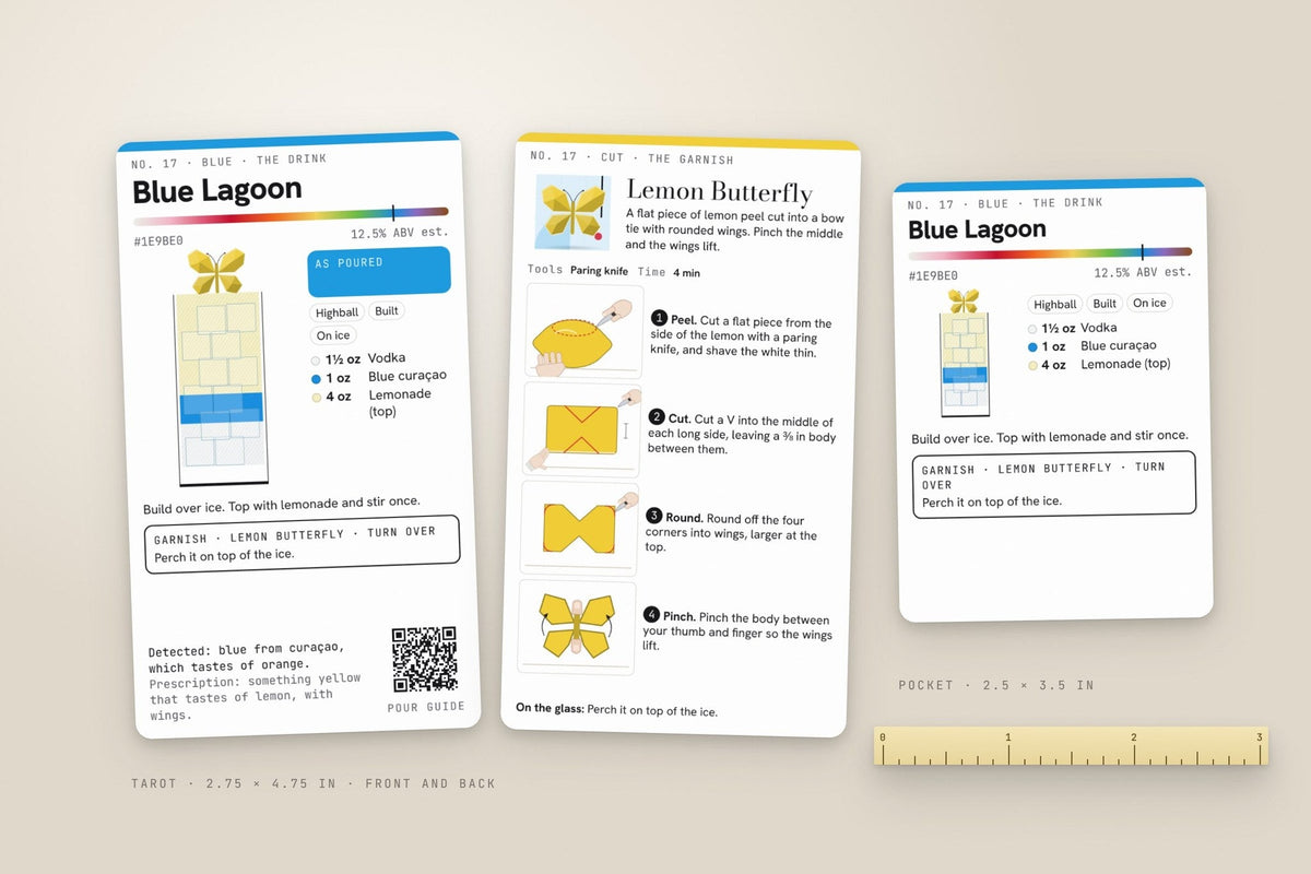 A tarot-size card front and back beside the smaller pocket card, with a ruler for scale